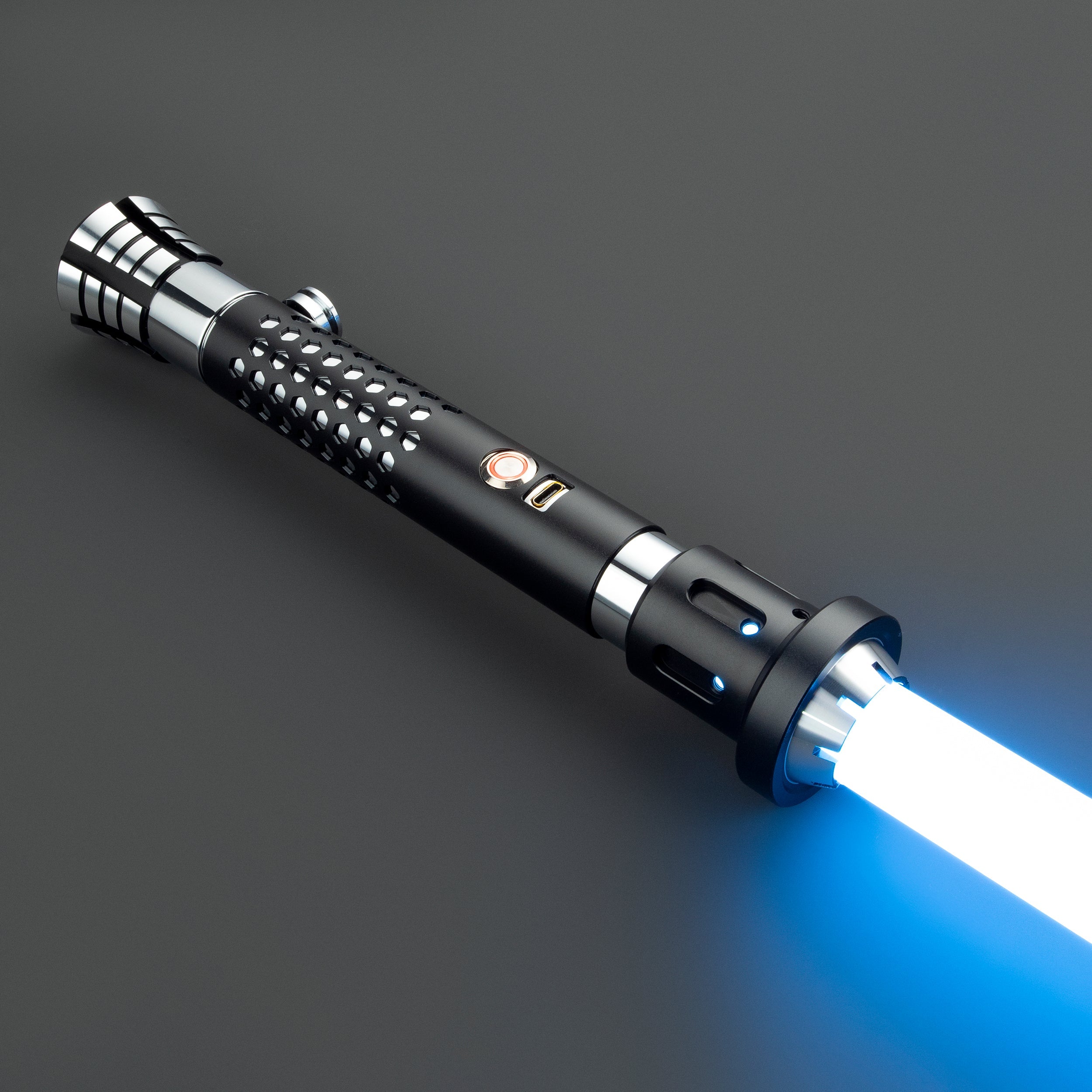 Dread Light Saber glowing brightly in a shadowy room - Battle Sabers