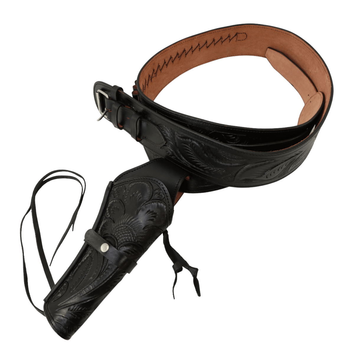 Black leather cowboy gun belt with ornate western detailing - Tactical Edge Hobbies