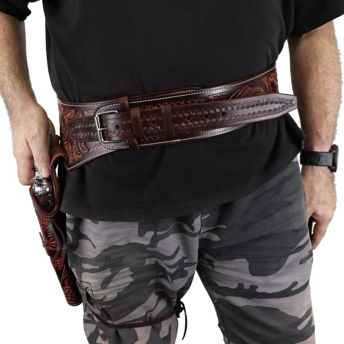 Ornate cowboy dark leather gun belt western theme - Tactical Edge Hobbies