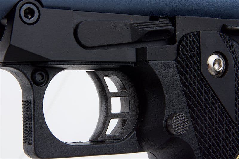 Stylish WE Galaxy Hi-Capa 5.1 Type A Gel Blaster with blue slide and gas blowback - Tactical Edge Hobbies