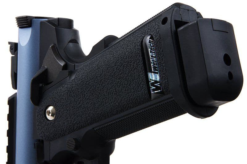 Stylish WE Galaxy Hi-Capa 5.1 Type A Gel Blaster with blue slide and gas blowback - Tactical Edge Hobbies