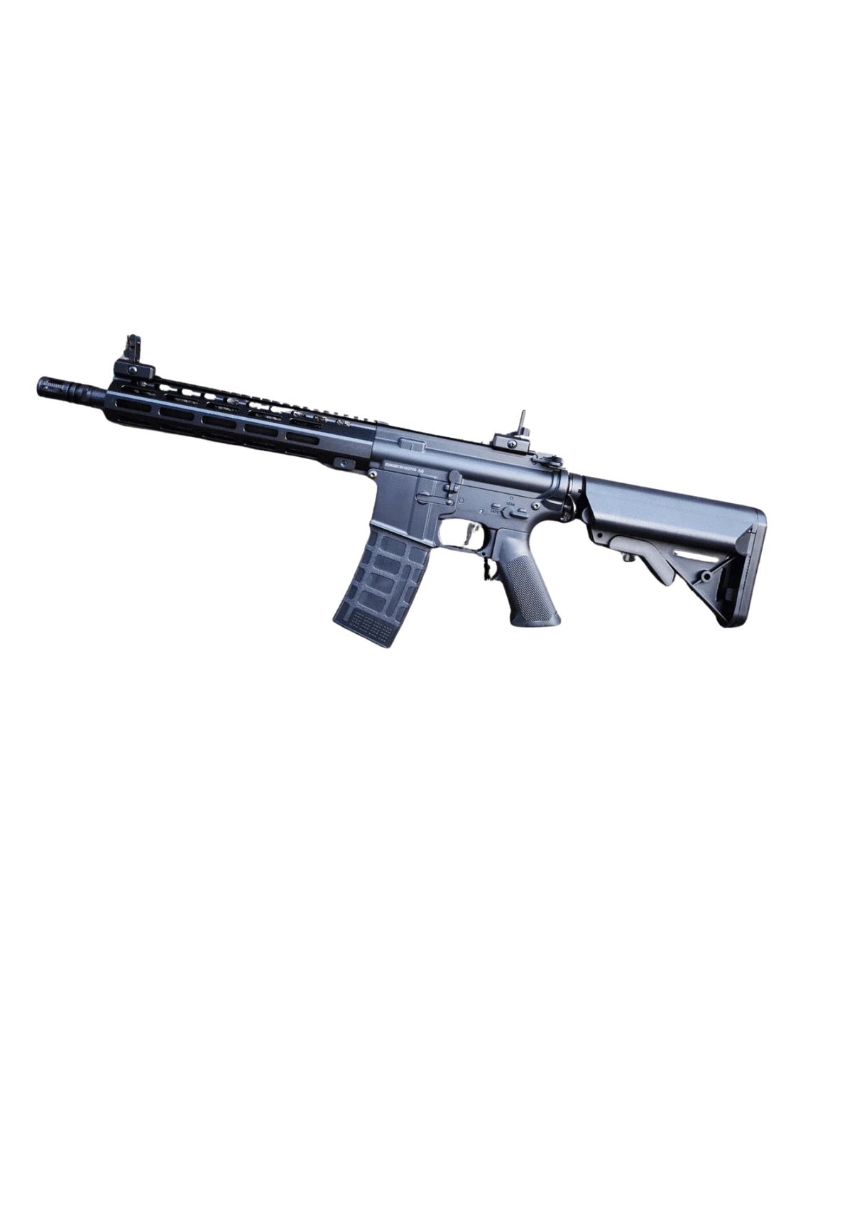 A black tactical rifle with a mounted sight and adjustable stock, shown from a side profile against a solid white background.