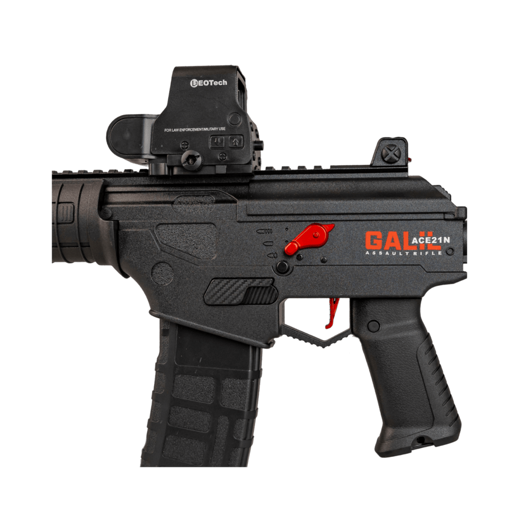 Black assault rifle with red accents on a white background - Tactical Edge Hobbies