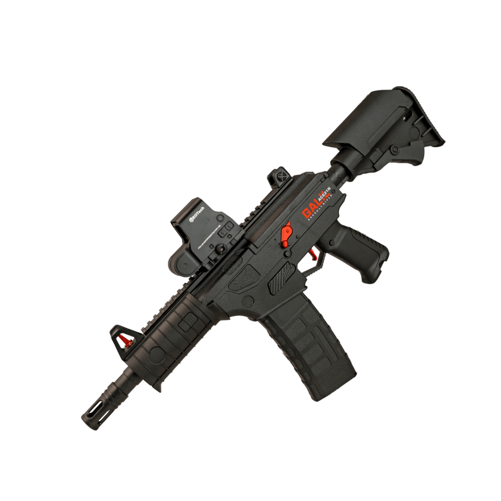 Black rifle with visible branding on a white background - Tactical Edge Hobbies