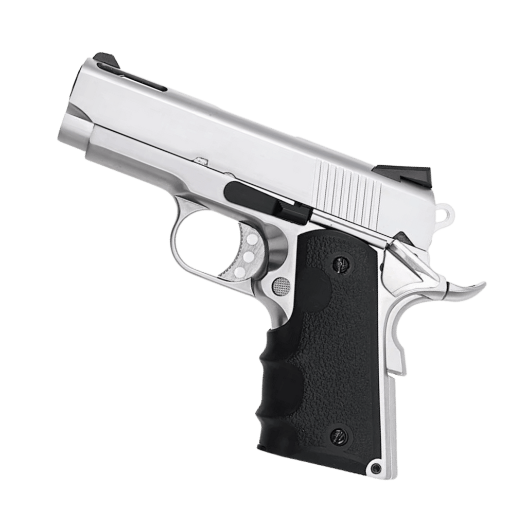 Silver handgun with black grip on a white background - Tactical Edge Hobbies