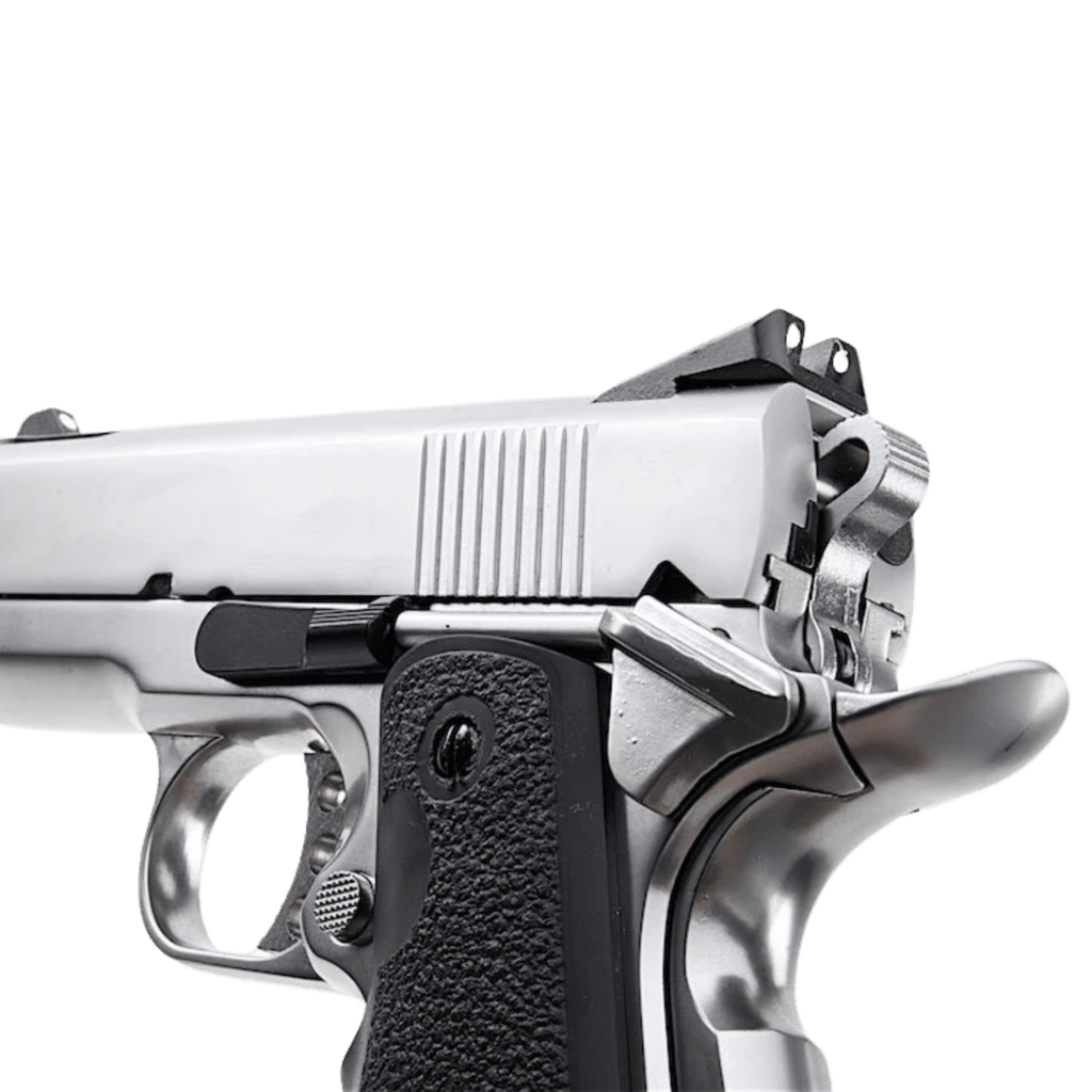 Silver handgun with black grip on a transparent background - Tactical Edge Hobbies