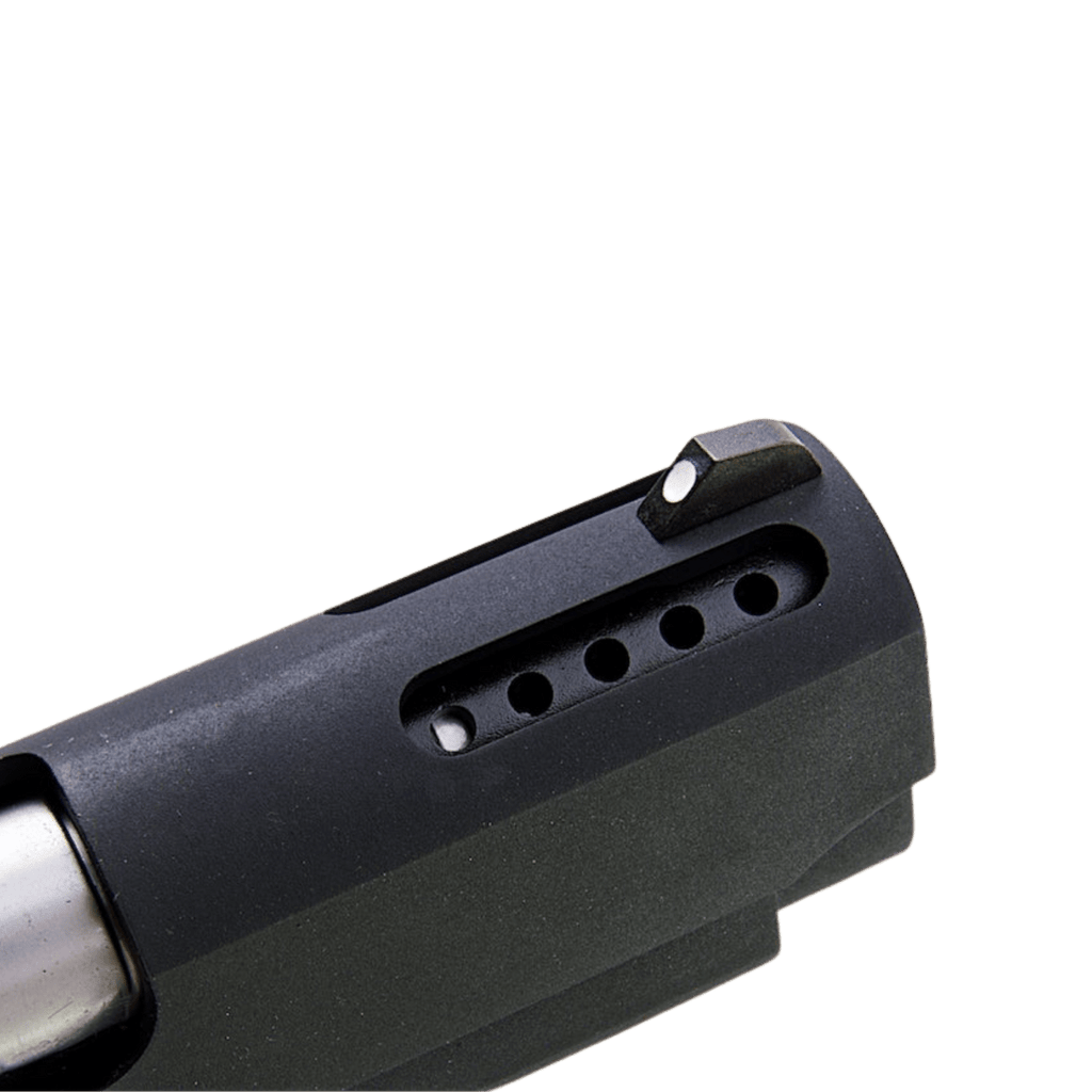 Close-up of a black gun slide with a white dot sight  - Tactical Edge Hobbies