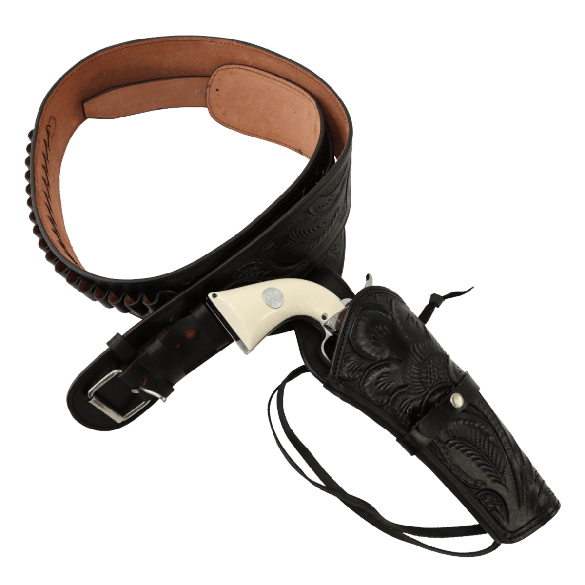 Western style black leather gun belt ornate finish - Tactical Edge Hobbies