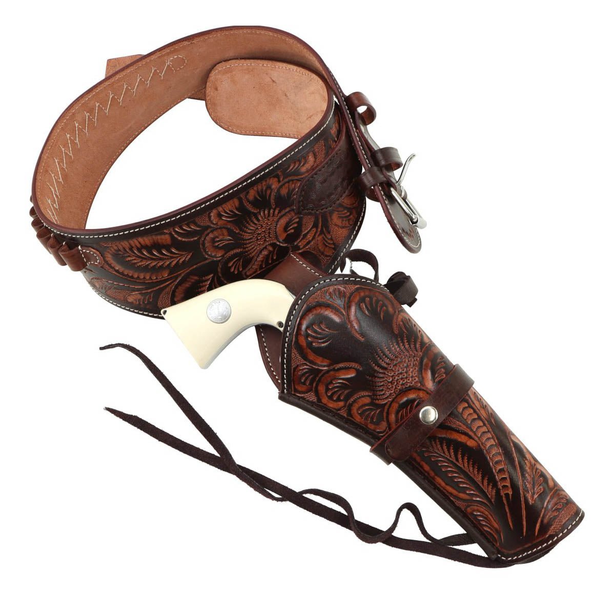 Dark leather cowboy gun belt with ornate western detailing - Tactical Edge Hobbies