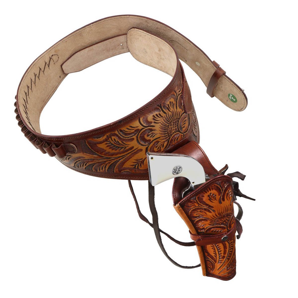 Light leather cowboy gun belt with ornate western detailing - Tactical Edge Hobbies