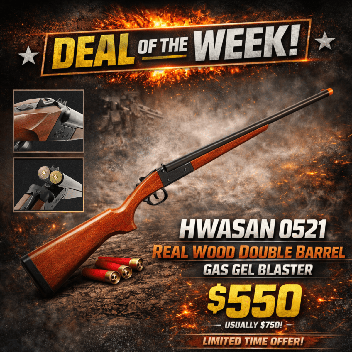 HWASAN 0521 Real Wood Double Barrel Gas Gel Blaster