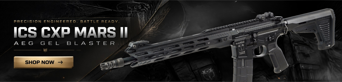 The ICS CXP Mars II AEG gel blaster, from a Tactical Edge Hobbies store banner