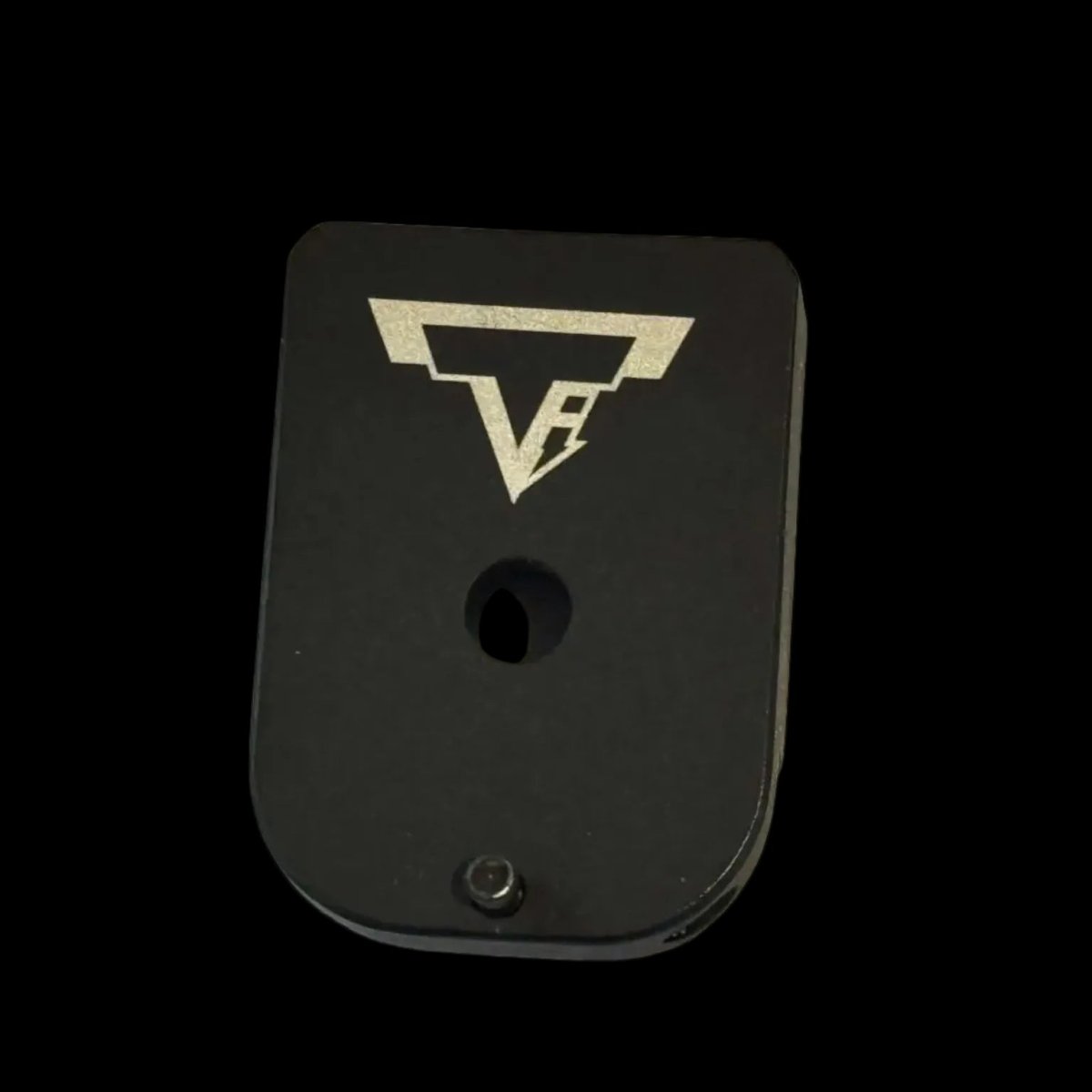 TTI magazine base plates metal accessories for gel blaster hi capa gas blow back pistol.  color is black. TTI logo on the base. Charging port hole front side